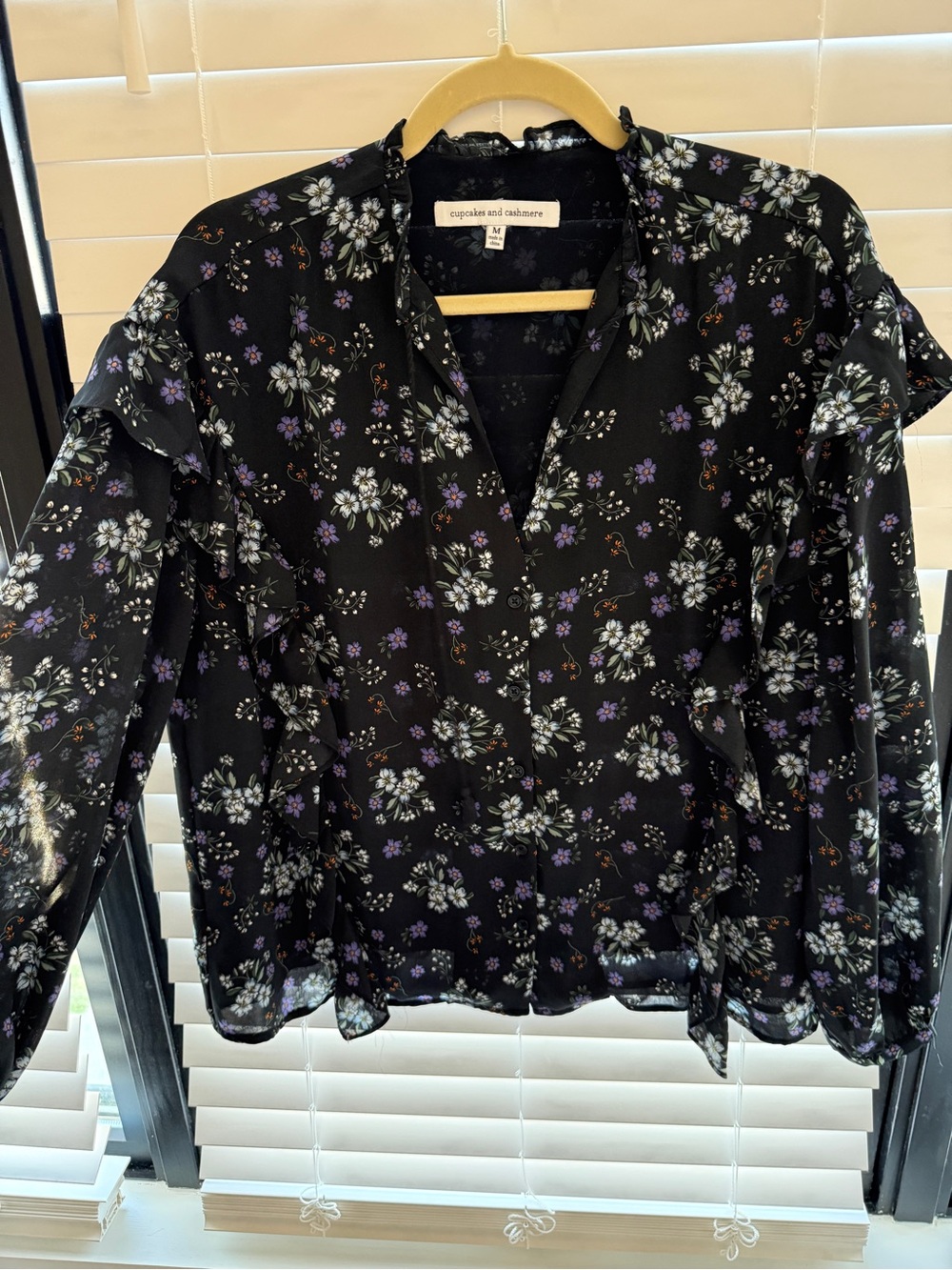 cupcakes & cashmere Navy Floral Ruffle Button-Up Blouse
